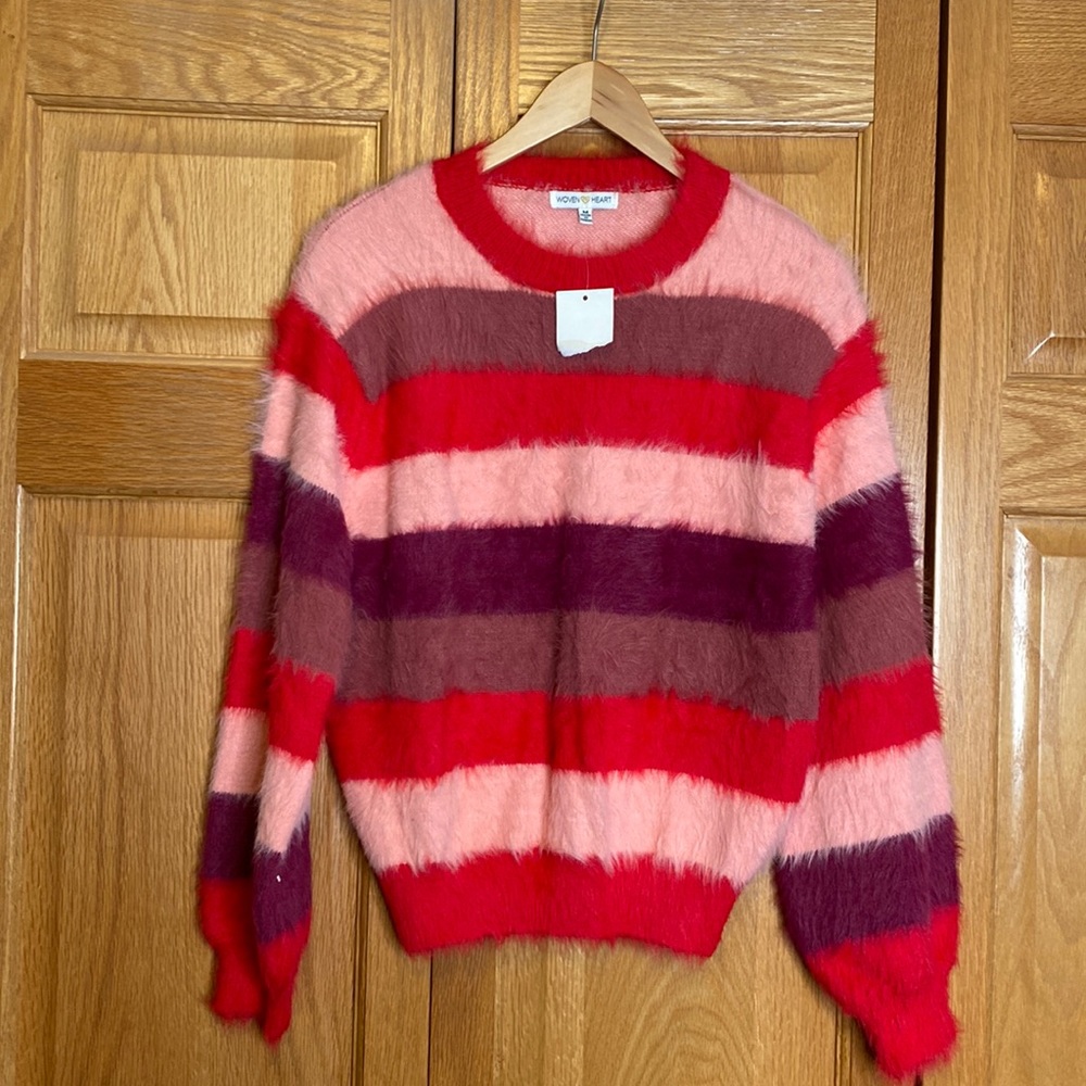 Woven Heart Fuzzy Striped Sweater in Pink, Red, Burgundy, Brown